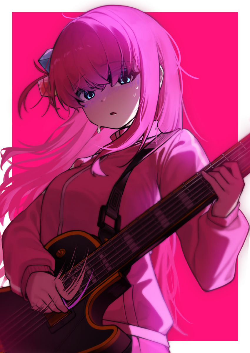 1girl absurdres blue_eyes bocchi_the_rock! border commentary_request cowboy_shot floating_hair from_below gotoh_hitori guitar hair_between_eyes highres holding holding_guitar holding_instrument instrument jacket long_bangs long_hair long_sleeves looking_at_viewer looking_down motion_lines moving_gun music outside_border parted_lips pink_background pink_hair pink_jacket pink_theme playing_guitar playing_instrument simple_background solo standing sweat track_jacket turn_pale white_border wispy_bangs