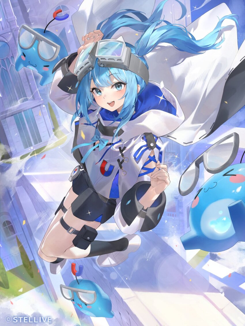 1girl :d arahashi_tabi black_shorts black_socks blue_eyes blue_hair commentary_request full_body glasses goggles goggles_on_head highres hood hood_down hoodie long_sleeves looking_at_viewer open_mouth ramuri shorts sidelocks smile socks solo standing standing_on_one_leg stellive teeth thigh_strap twintails upper_teeth_only virtual_youtuber white_footwear white_hoodie window