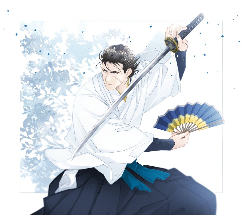 1boy black_hair black_hakama border cowboy_shot fighting_stance folding_fan foliage hair_slicked_back hakama hand_fan highres holding holding_fan holding_sword holding_weapon japanese_clothes katakura_kojuurou_(sengoku_basara) katana kimono looking_ahead male_focus outside_border sawa12sss sengoku_basara serious short_hair solo sword v-shaped_eyebrows weapon white_border white_kimono