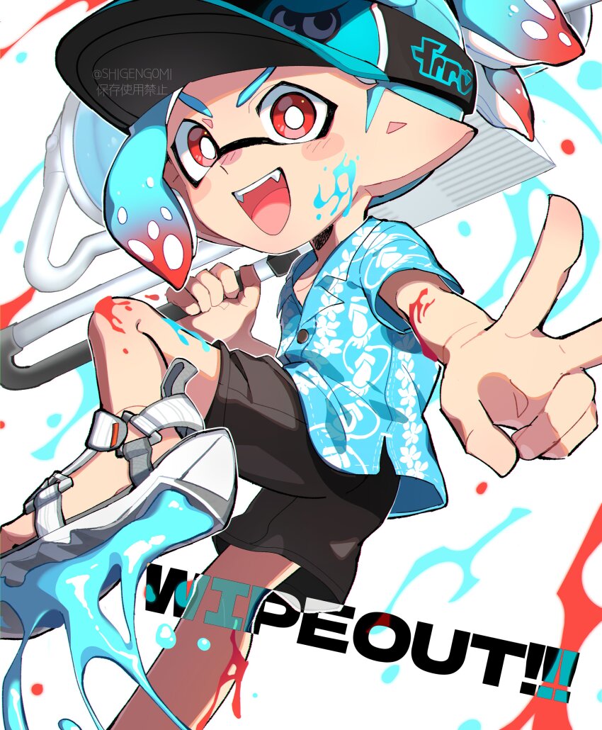 1boy :d absurdres artist_name black_shorts blue_hair blue_shirt bright_pupils commentary_request fangs flingza_roller_(splatoon) gradient_hair hawaiian_shirt highres holding holding_weapon inkling inkling_boy inkling_player_character multicolored_hair nintendo open_mouth paint pointy_ears print_headwear red_eyes red_hair sandals shigeng0mi shirt short_hair shorts smile solo splatoon_(series) splatoon_3 sports_sandals teeth tentacle_hair two-tone_hair upper_teeth_only v v-shaped_eyebrows visor_cap weapon white_background white_pupils white_sandals