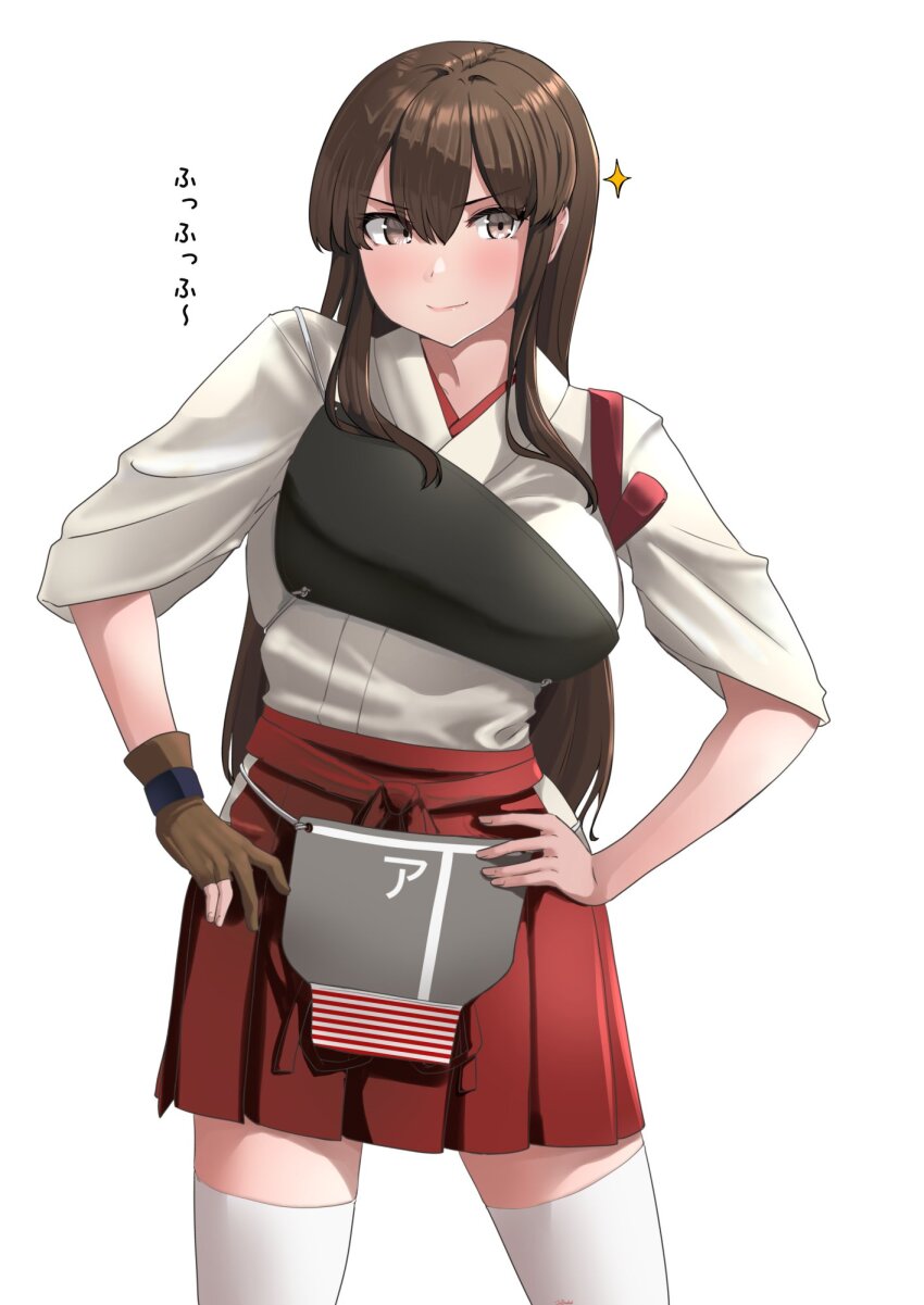 1girl akagi_(kancolle) breasts brown_eyes brown_hair hakama hakama_skirt highres japanese_clothes jouzaburou_(joe3) kantai_collection kimono large_breasts long_hair muneate red_hakama skirt smile thighhighs white_kimono wide_sleeves