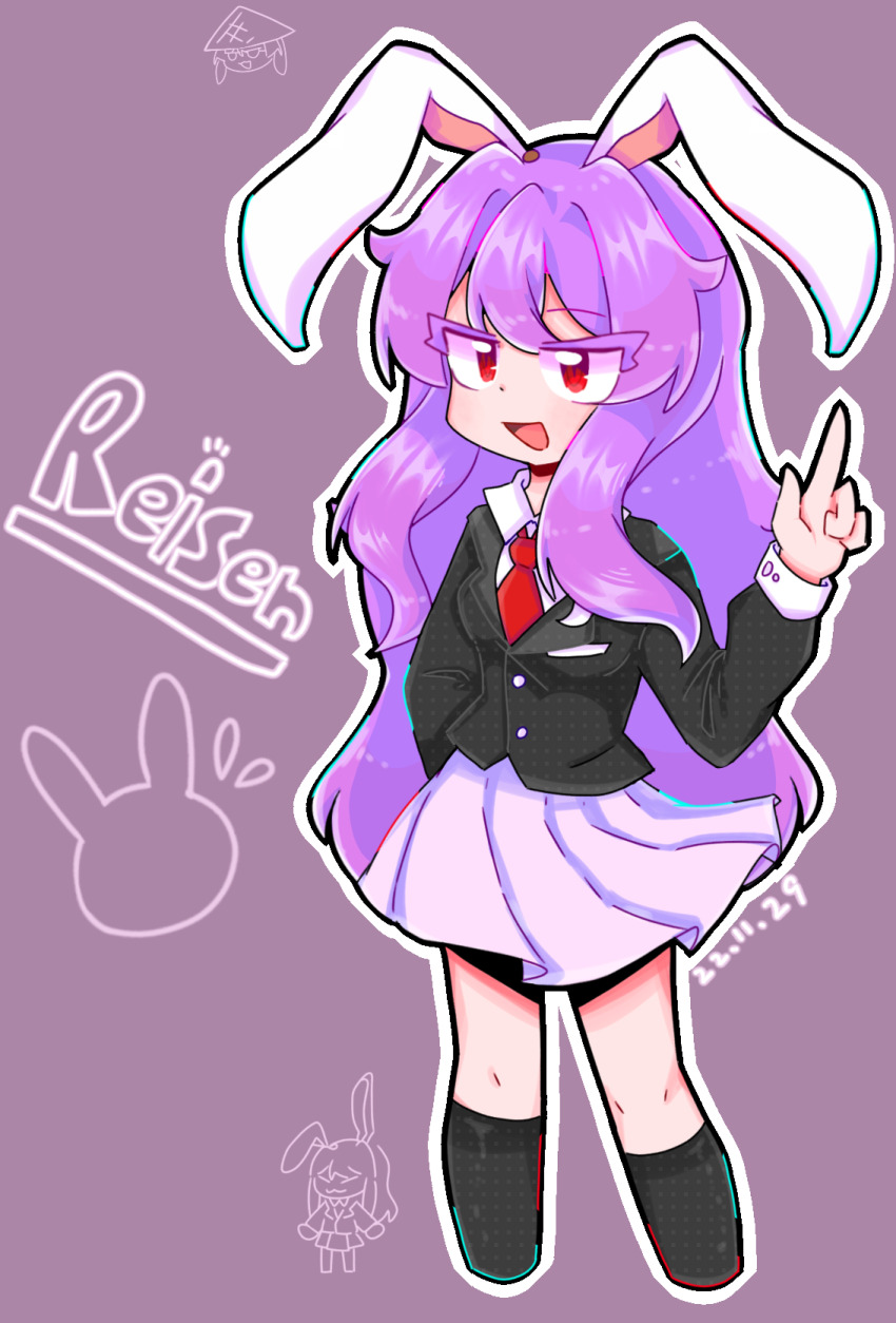 1girl animal_ears black_jacket black_socks blazer breasts character_name chinese_commentary collared_shirt colored_eyelashes commentary_request cropped_legs dated eyes_visible_through_hair highres jacket long_hair long_sleeves necktie open_mouth pleated_skirt priswocaer purple_background purple_hair rabbit_ears rabbit_girl red_eyes red_necktie reisen_udongein_inaba shirt simple_background skirt small_breasts smile socks touhou white_shirt white_skirt