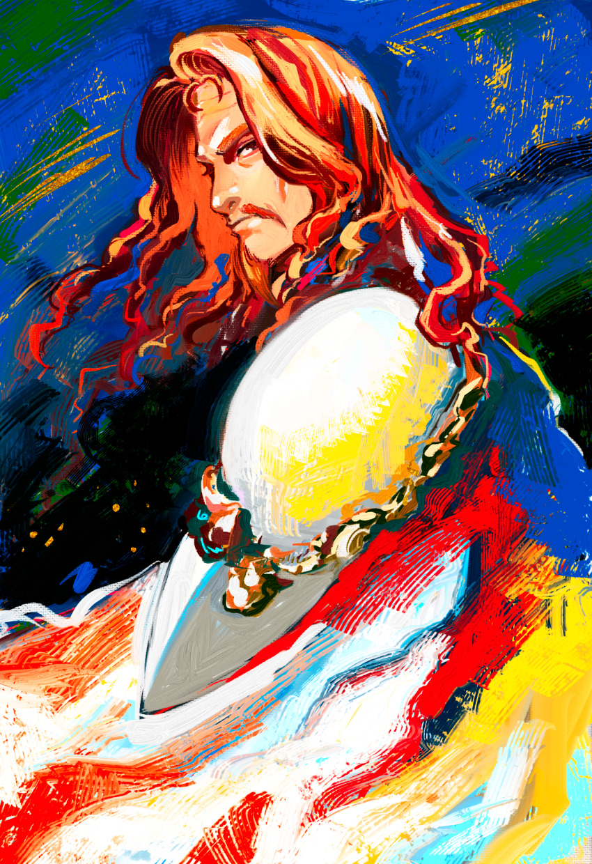 1boy armor beard british_(rance) cape commentary_request expressionless facial_hair hayasaka highres long_hair looking_at_viewer male_focus mustache rance_(series) red_eyes solo