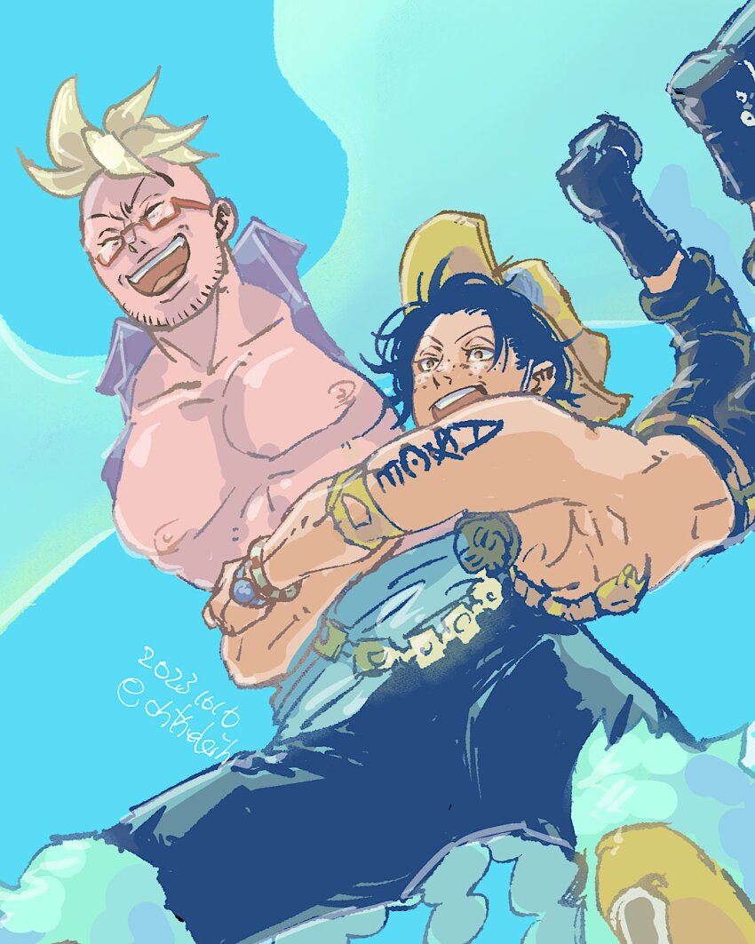 2boys ^_^ arm_tattoo beard_stubble black_hair black_shorts blonde_hair blue_sash blue_sky boots bracelet closed_eyes commentary_request dated facial_hair freckles glasses happy_birthday harpy_boy hat highres jewelry log_pose male_focus marco_(one_piece) monster_boy multiple_boys ohthekin one_piece open_mouth portgas_d._ace sash shorts sky smile stubble tattoo topless_male twitter_username wings