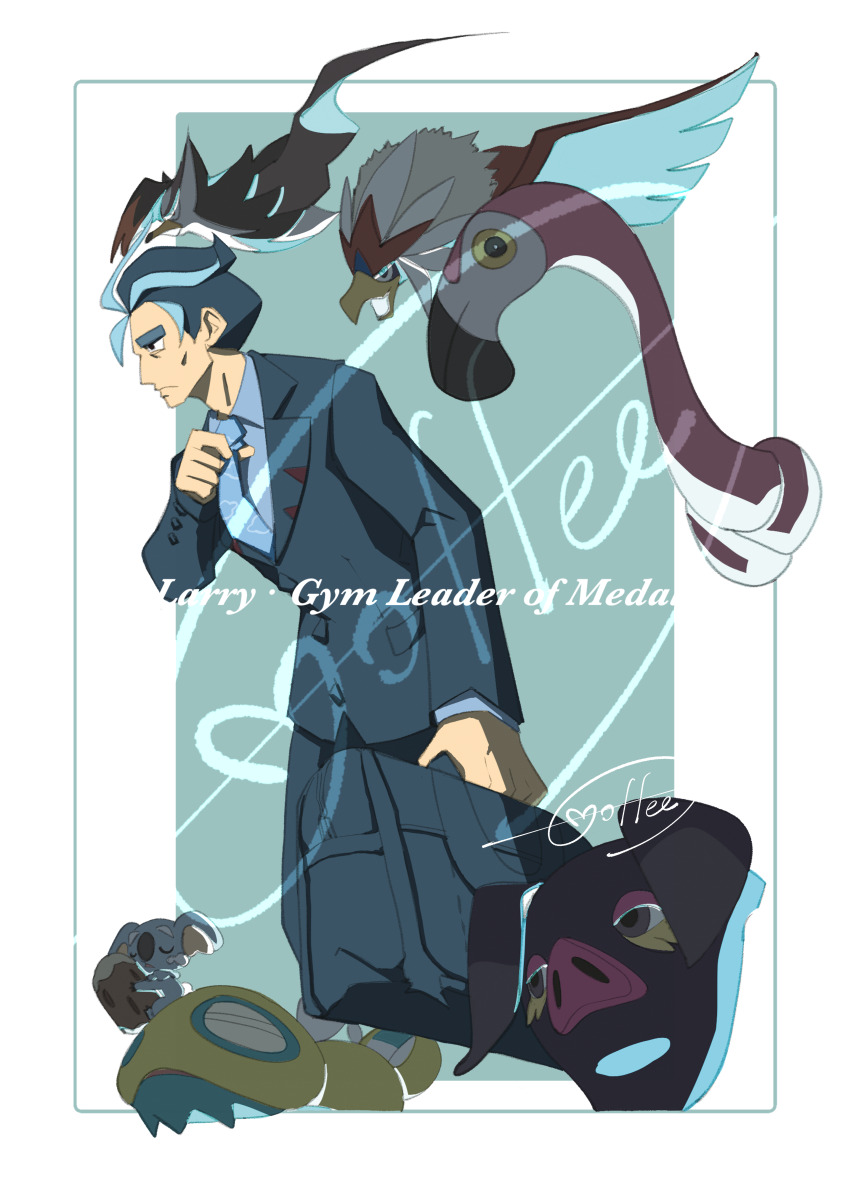 1boy absurdres adjusting_clothes adjusting_necktie black_hair blue_necktie border braviary briefcase cccacademia character_name collared_shirt commentary_request dudunsparce dudunsparce_(two-segment) flamigo gen_4_pokemon gen_5_pokemon gen_7_pokemon hand_up highres holding jacket komala larry_(pokemon) long_sleeves male_focus multicolored_hair necktie nintendo oinkologne pokemon pokemon_(creature) pokemon_sv shirt short_hair signature staraptor streaked_hair white_border