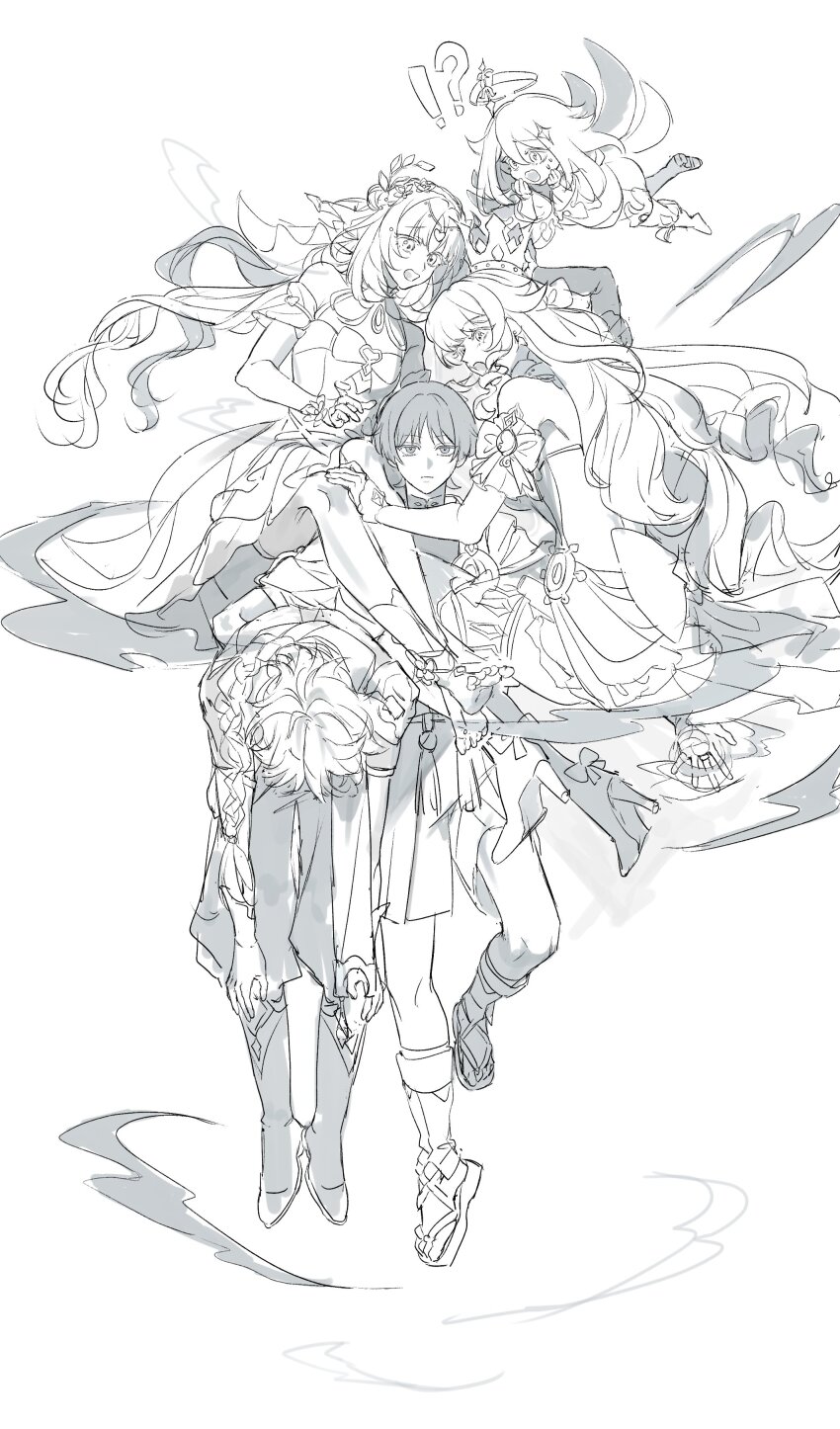 !? 2boys 3girls absurdres aether_(genshin_impact) armor armpit_crease barefoot blunt_bangs blunt_ends bodysuit boots bow braid braided_ponytail brooch cape carrying carrying_multiple_people carrying_person circlet crown detached_sleeves dress drill_hair drill_sidelocks expressionless floating flower flying gem genshin_impact hair_bow hair_bun hair_intakes halo hand_on_another&#039;s_knee hands_on_own_cheeks hands_on_own_face heart highres holding japanese_clothes jewelry kimono knees laurel_crown light_blush lineart long_braid long_hair long_sleeves looking_at_another looking_at_viewer mandarin_collar mechanical_halo monochrome multiple_boys multiple_girls navia_(genshin_impact) nilou_(breeze_of_sabaa)_(genshin_impact) nilou_(genshin_impact) open_clothes open_hand open_kimono open_mouth outstretched_legs paimon_(genshin_impact) pants parted_bangs quad_drills romper sandals scaramouche_(genshin_impact) short_hair_with_long_locks shorts shoulder_armor shrug_(clothing) sidelocks single_braid sitting sitting_on_person strapless strapless_dress sweat tassel thigh_ring thighlet toeless_footwear toeless_legwear tube_dress very_long_hair wanderer_(genshin_impact) wind worried wrist_cuffs yyy24354571g