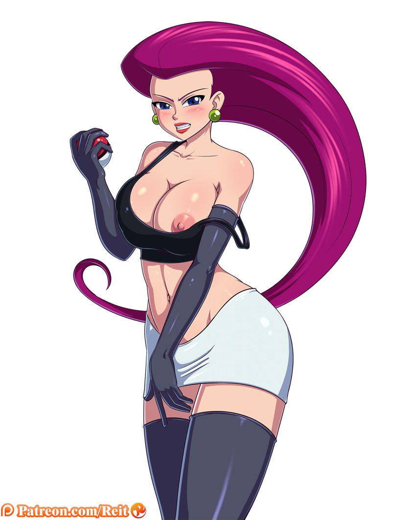 1girl angry blue_eyes blush breasts cleavage clenched_teeth elbow_gloves embarrassed female_focus gloves highres jessie_(pokemon) large_breasts lips long_hair looking_at_viewer midriff miniskirt navel nintendo nipple_slip nipples poke_ball pokemon pokemon_(anime) red_hair reit skirt solo tank_top team_rocket teeth thighhighs waifu2x wardrobe_malfunction
