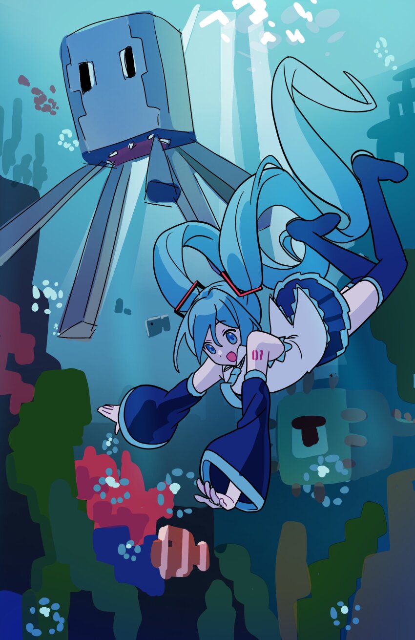 1girl absurdres aqua_eyes aqua_hair aqua_necktie bare_shoulders black_boots black_skirt black_sleeves boots clownfish commentary_request coral detached_sleeves fish floating_hair guardian_(minecraft) hair_ornament hatsune_miku highres ille_(xcpa7325) korean_commentary light_rays long_hair minecraft miniskirt necktie open_mouth outstretched_arms pleated_skirt school_of_fish shirt shoulder_tattoo skirt sleeveless sleeveless_shirt smile solo squid_(minecraft) swimming tattoo thigh_boots thighhighs twintails underwater very_long_hair vocaloid white_shirt zettai_ryouiki