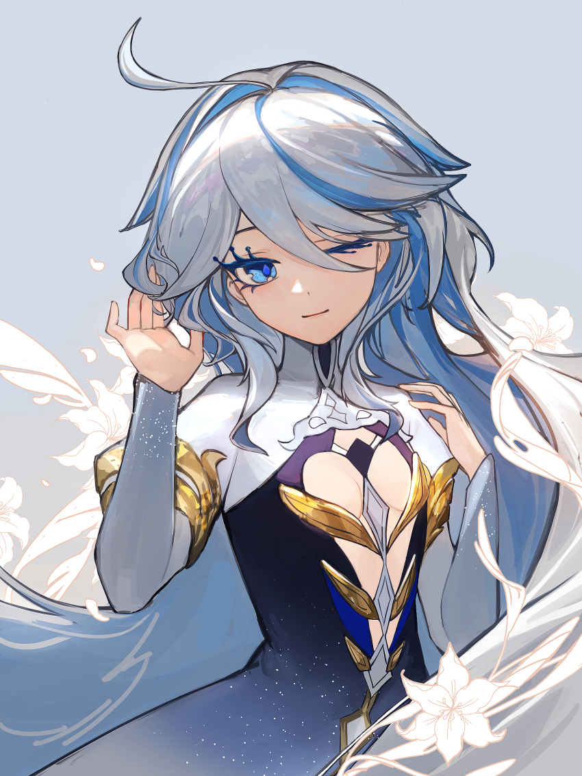 1girl absurdres ahoge black_dress blue_dress blue_hair breasts closed_mouth dress fang_bai_doufu_wu flower furina_(genshin_impact) genshin_impact gradient_clothes gradient_dress grey_background hair_between_eyes hands_up highres juliet_sleeves long_hair long_sleeves looking_at_viewer multicolored_hair one_eye_closed puffy_sleeves solo upper_body very_long_hair white_flower white_hair