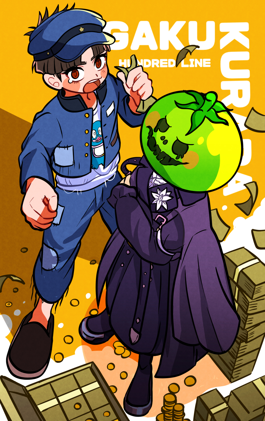 1boy 1girl absurdres blue_hat blue_jacket blue_pants blush_stickers brown_hair character_name coin copyright_name crossed_arms falling_money full_body hat highres holding holding_money jacket jacket_on_shoulders long_skirt maruko_gaku mask money oosuzuki_kurara pannomimi0301 pants print_shirt purple_jacket purple_skirt red_eyes shadow shirt short_hair skirt standing the_hundred_line_-last_defense_academy- tomato very_short_hair white_shirt