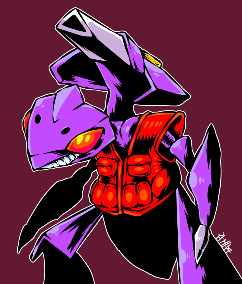 absurdres bidul_(bidul72476120) black_background bug cannon gen_5_pokemon genesect highres legendary_pokemon looking_at_viewer mythical_pokemon nintendo no_humans pokemon pokemon_(creature) red_eyes simple_background solo standing vest