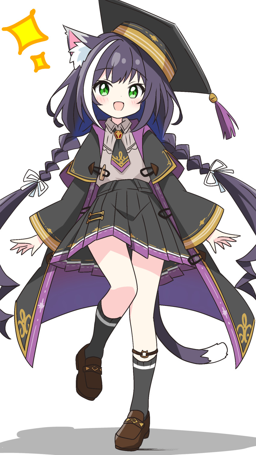 1girl :d absurdres animal_ear_fluff animal_ears black_coat black_necktie black_skirt black_socks blush braid cat_ears cat_girl cat_tail coat collared_shirt commentary_request dot_nose foot_up full_body green_eyes grey_shirt hair_ribbon hat highres karyl_(princess_connect!) kotatsu-mazoku long_hair long_sleeves looking_at_viewer mortarboard necktie open_clothes open_coat open_mouth pleated_skirt princess_connect! purple_hair ribbon shirt simple_background skirt smile socks solo sparkle standing tail twin_braids white_background white_ribbon