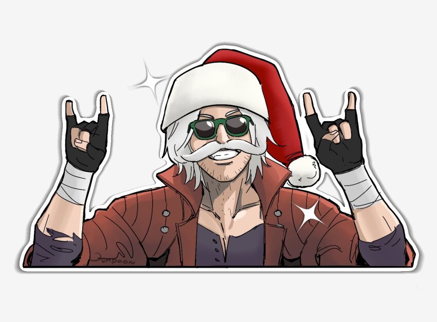 1boy \n/ beard_stubble black_gloves coat commentary dante_(devil_may_cry) devil_may_cry_(series) devil_may_cry_5 english_commentary facial_hair fake_facial_hair fake_mustache fingerless_gloves gloves green-framed_eyewear grin hat jumpoon male_focus portrait red_coat red_hat santa_hat smile solo sparkle stubble sunglasses