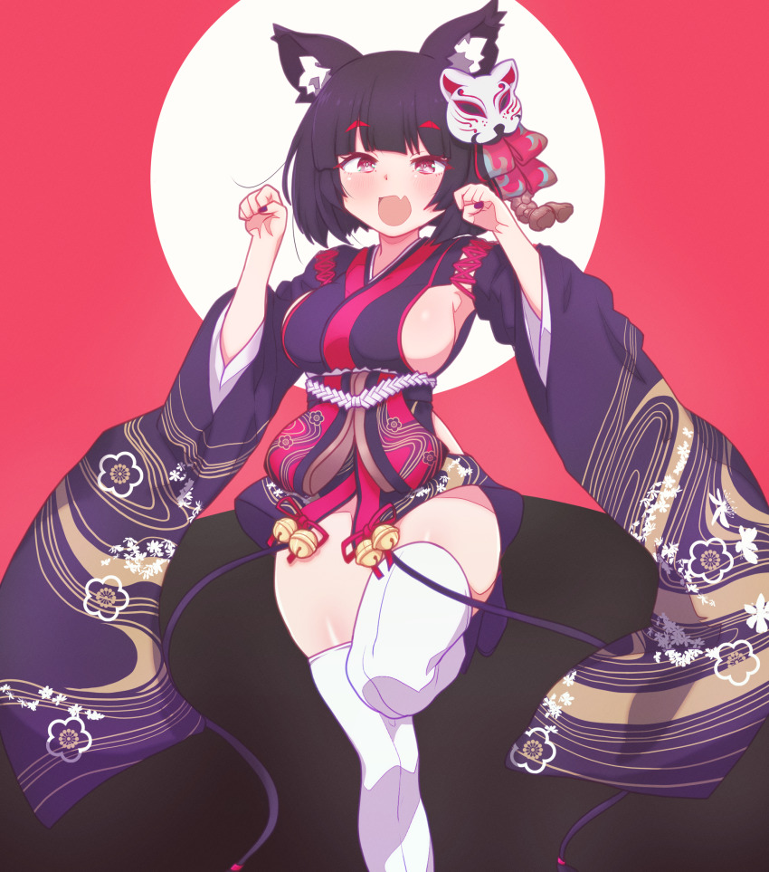 1girl animal_ear_fluff animal_ears arbiter1 azur_lane black_hair black_kimono blush breasts cat_ears cat_mask fang fox_mask highres japanese_clothes kimono large_breasts legs_up looking_at_viewer mask mask_on_head mismatched_eyebrows open_mouth paw_pose red_eyes short_hair short_kimono sideboob sideless_kimono simple_background smile solo thighhighs thighs white_thighhighs yamashiro_(azur_lane)