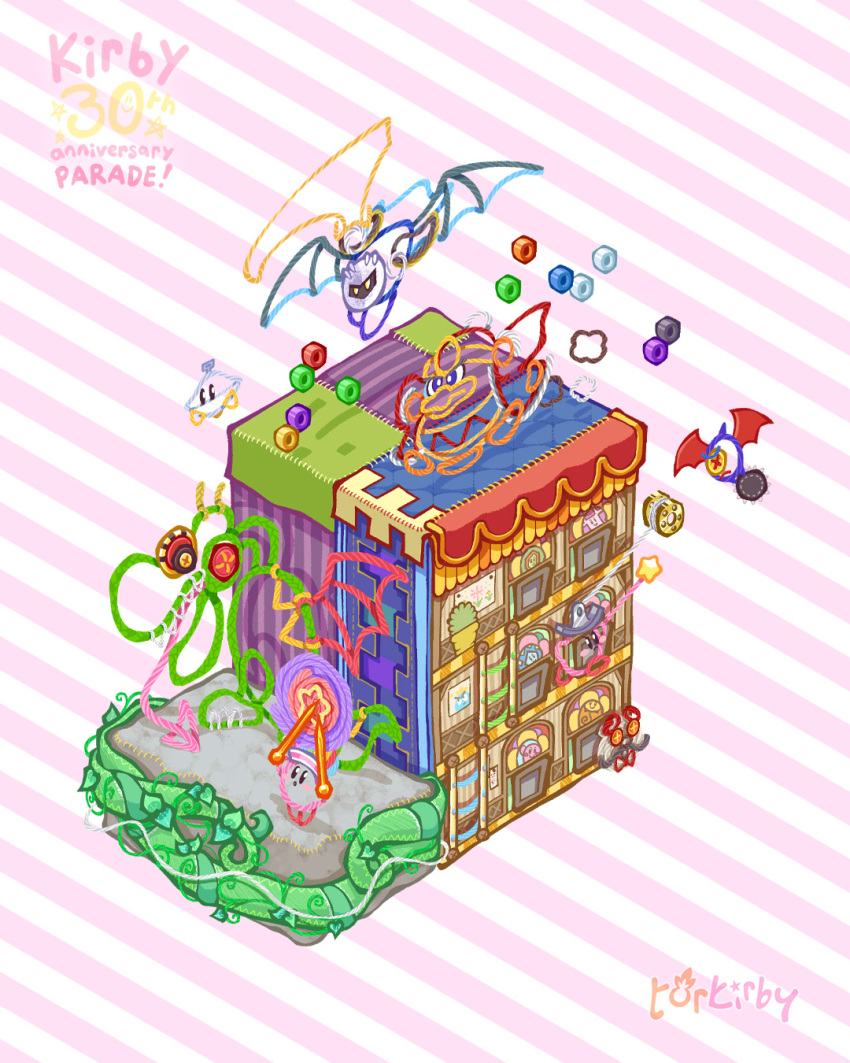 anniversary artist_name black_gemstone blue_gemstone character_name copyright_name dragon fangora flying gem green_gemstone highres king_dedede kirby kirby&#039;s_extra_epic_yarn kirby_(series) me-devil meta_knight nintendo one-eyed purple_gemstone red_gemstone star_(symbol) striped_background torkirby two-tone_background white_gemstone wings yarn yarn_kirby yellow_gemstone