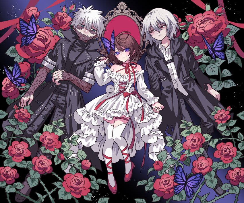1girl 2boys black_coat black_pants blue_eyes boku_no_hero_academia brown_hair bug butterfly closed_mouth coat collared_shirt commentary_request commission dabi_(boku_no_hero_academia) dress floral_background flower frilled_dress frills full_body grey_hair hair_between_eyes highres insect long_sleeves looking_at_viewer meremero mirror multiple_boys original pants purple_butterfly purple_eyes red_eyes red_flower red_footwear red_rose rose scar scar_on_face second-party_source shigaraki_tomura shirt shoes short_hair smile spiked_hair thighhighs white_dress white_hair white_shirt white_thighhighs wrinkled_skin