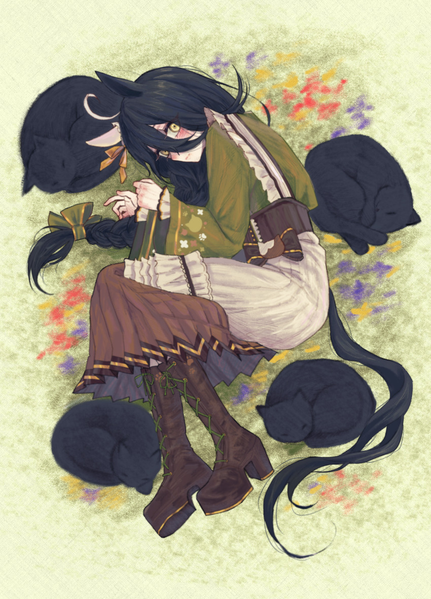 1girl absurdres ahoge animal_ears black_cat black_eyeliner black_hair boots bow braid cat commentary ear_covers ear_ornament ear_ribbon eyeliner girdle green_kimono highres horse_ears horse_girl horse_tail japanese_clothes kimono long_bangs long_hair long_sleeves makeup manhattan_cafe_(umamusume) manhattan_cafe_(verdant_night)_(umamusume) multiple_cats official_alternate_costume on_grass shironism single_braid single_ear_cover sleeves_past_wrists solo tail umamusume yellow_eyes