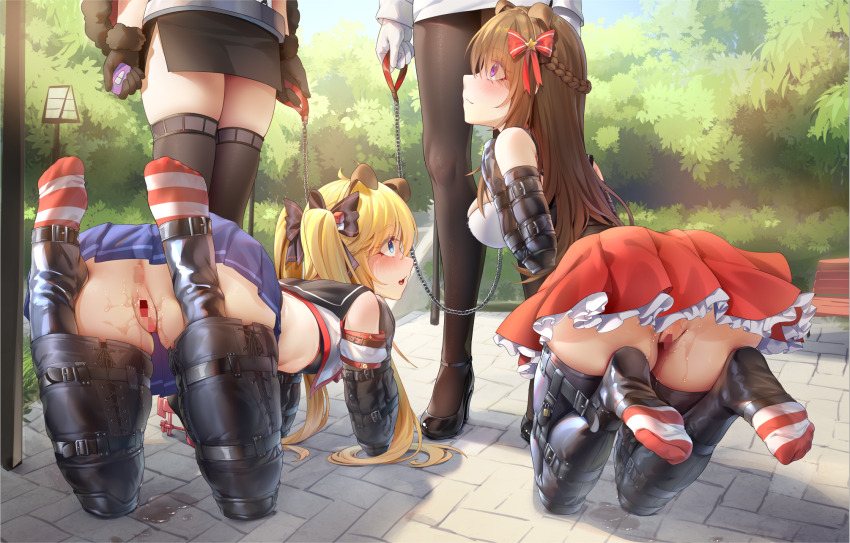 4girls all_fours andrea_doria_(warship_girls_r) animal_ears bdsm bitch_taken_for_walk black_bow blonde_hair blue_eyes blue_skirt bondage bound bow braid brown_hair censored character_request controller dog_ears fake_animal_ears female_focus hair_bow half_up_braid highres holding holding_leash human_dog leash long_hair mosaic_censoring multiple_girls outdoors pet_play petgirl pleated_skirt purple_eyes pussy pussy_juice ray_(pixiv9514208) red_skirt remote_control school_uniform serafuku skirt socks striped_clothes striped_socks twintails warship_girls_r