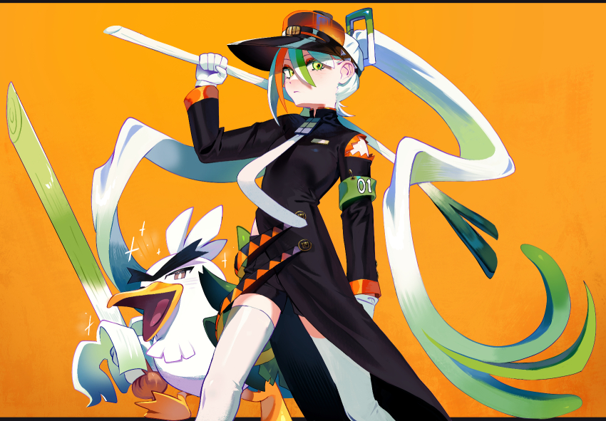 1girl arm_at_side arm_up armband bird black_coat black_hat black_shorts brown_eyes closed_mouth clothing_cutout coat commentary cowboy_shot duck english_commentary eyeshadow feet_out_of_frame fighting_miku_(project_voltage) floating_hair food food-themed_hair_ornament gen_8_pokemon gloves green_armband green_eyes green_hair hair_between_eyes hair_ornament hat hatsune_miku highres holding holding_food holding_spring_onion holding_vegetable light_frown long_hair long_sleeves looking_at_viewer looking_to_the_side makeup multicolored_hair necktie nintendo open_mouth orange_background orange_eyeshadow orange_hair orange_hat orange_trim paperclip pokemon pokemon_(creature) project_voltage shorts shoulder_cutout side_slit simple_background sirfetch&#039;d spring_onion spring_onion_hair_ornament thick_eyebrows thighhighs turtleneck_coat two-tone_hat unconventional_weapon unibrow v-shaped_eyebrows vegetable very_long_hair visor_cap vocaloid walking white_gloves white_hair white_necktie white_thighhighs zambiie zettai_ryouiki