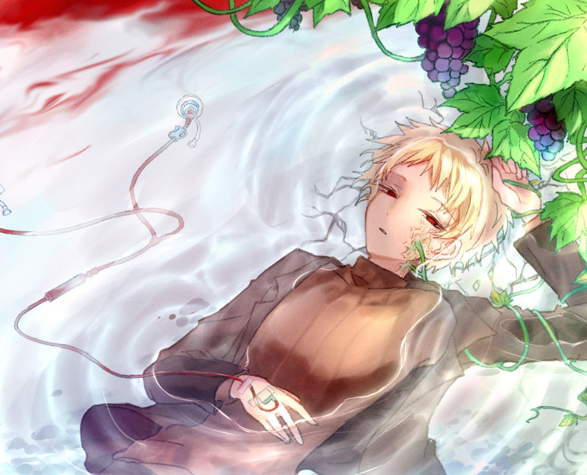 1boy afloat atou_haruki black_jacket blonde_hair blood blood_in_water brown_sweater commentary_request food fruit grapes intravenous_drip jacket long_sleeves lying male_focus on_back open_clothes open_jacket parted_bangs plant red_eyes ribbed_sweater saibou_shinkyoku short_hair solo sweater turtleneck turtleneck_sweater vines yuri_(yurinnnnnko)