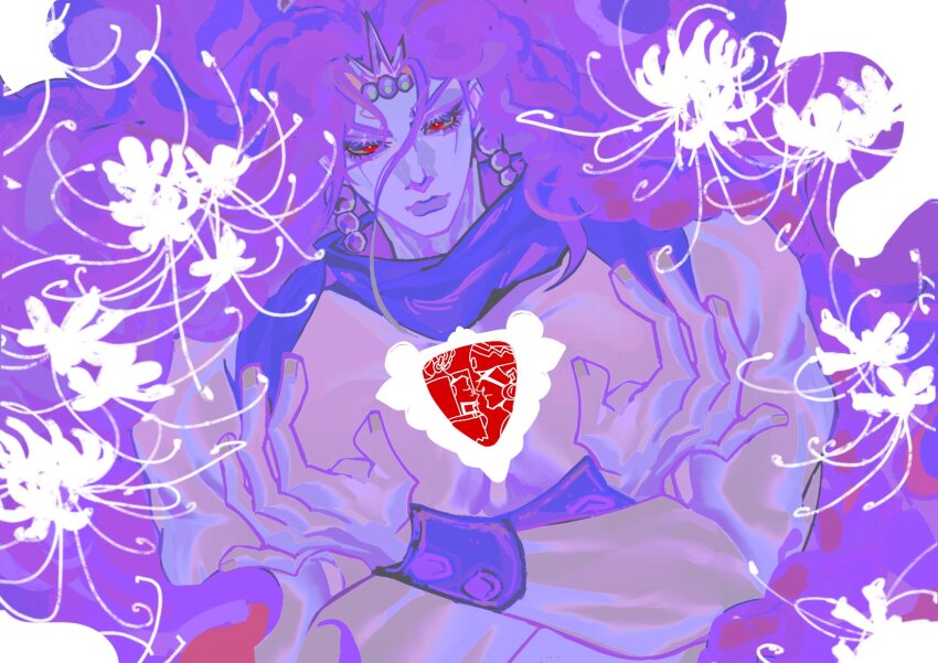 1boy battle_tendency bracer commentary commentary_request crossed_arms earrings esidisi flower gem highres horns jewelry jiuyuejiuriyi jojo_no_kimyou_na_bouken kars_(jojo) long_hair male_focus muscular muscular_male pectorals purple_hair purple_theme recolored red_eyes red_stone_of_aja scarf sketch solo spider_lily tiara topless_male wamuu wavy_hair white_flower wrist_cuffs