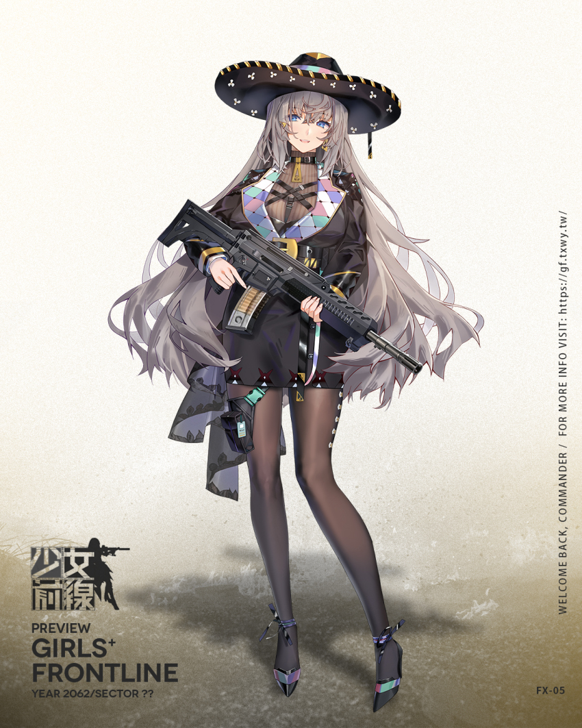 1girl assault_rifle blue_eyes breasts character_name choker commentary_request fx-05_(girls&#039;_frontline) fx-05_xiuhcoatl girls&#039;_frontline grey_hair gun hat high_heels highres jacket large_breasts long_hair mexican_dress mexico miyazakisoul official_art rifle solo sombrero sweater thighhighs trigger_discipline weapon