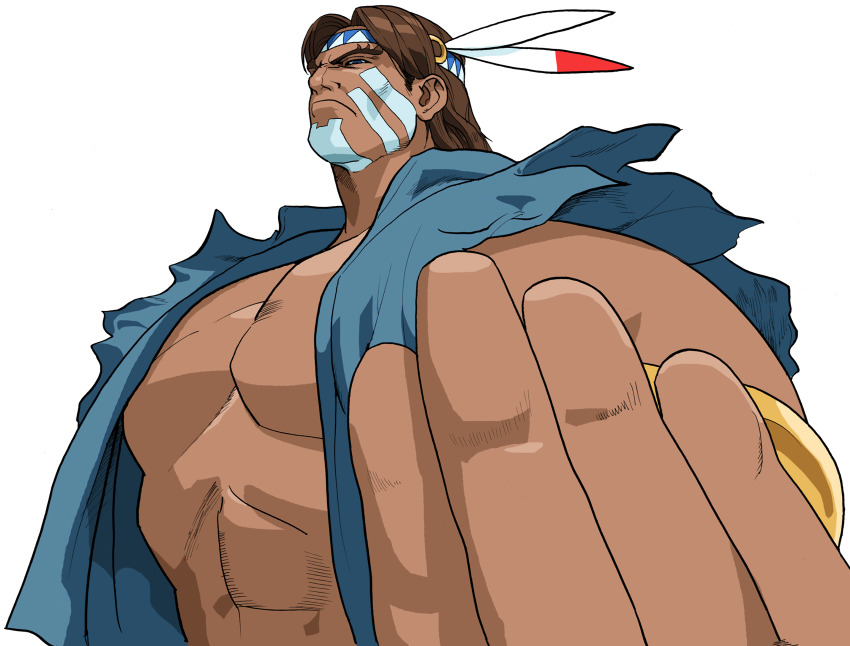 1boy bare_shoulders beckoning bengus brown_hair facepaint forked_eyebrows from_below frown game_cg headdress highres long_hair male_focus muscular muscular_male native_american native_american_headdress non-web_source official_art portrait scowl simple_background solo street_fighter street_fighter_zero_(series) thunder_hawk torn_clothes torn_sleeves upper_body v-shaped_eyebrows white_background white_facepaint