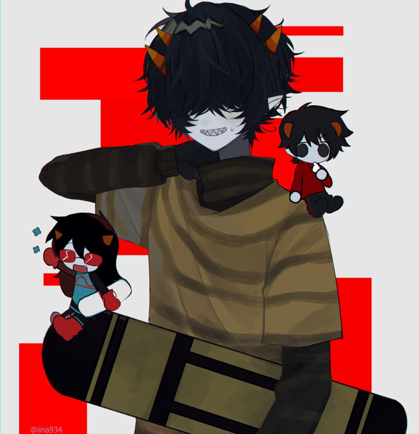 1girl 2boys absurdres alternate_costume archived_source black_gloves black_hair black_pants blush casual chibi chibi_inset colored_skin commentary english_commentary fang gemini_(zodiac) gloves grey_skin grin hair_between_eyes hair_over_eyes hand_on_own_neck highres homestuck horns iina934 kankri_vantas latula_pyrope libra_(zodiac) long_hair long_sleeves mituna_captor multiple_boys multiple_horns open_mouth orange_horns pants pointy_ears red-tinted_eyewear red_footwear red_gloves red_sweater sharp_teeth shirt shirt_under_shirt short_hair skateboard small_sweatdrop smile solid_oval_eyes striped_clothes striped_shirt sweat sweater teeth tinted_eyewear troll_(homestuck) turtleneck twitter_username two-tone_background white_background zodiac