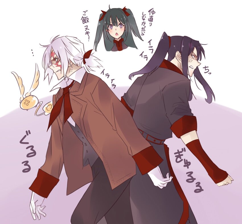 1girl 2boys allen_walker angry armband black_coat black_order_uniform brown_coat coat collared_shirt creature d.gray-man earrings facial_mark george_man gloves golem_(d.gray-man) green_hair grey_vest hair_between_eyes hair_ribbon high_ponytail highres jewelry kanda_yuu lenalee_lee long_hair looking_at_another looking_to_the_side low_ponytail medium_hair military military_uniform multiple_boys ponytail purple_eyes purple_hair red_armband red_eyes red_ribbon red_stripes red_wrist_cuffs ribbon shirt short_ponytail sidelocks star_(symbol) star_facial_mark striped_coat stud_earrings tail teeth timcanpy trench_coat vest white_gloves white_hair white_shirt wings wrist_cuffs
