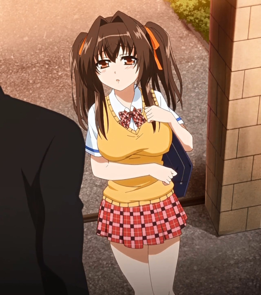 1boy 1girl anime_screenshot bow bowtie breasts brown_eyes brown_hair bush dot_nose full_body hair_bow hair_ornament hayakawa_mina highres ikenai_koto_the_animation large_breasts long_hair matching_hair/eyes open_mouth school_uniform skirt stitched third-party_edit twintails