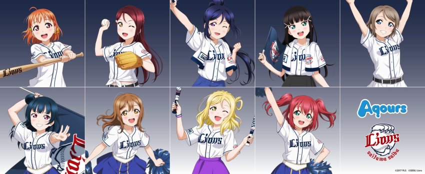 6+girls ball baseball baseball_(object) baseball_bat baseball_glove baseball_jersey black_skirt blouse blue_eyes blue_hair blue_pants blue_skirt blush brown_eyes brown_hair crossover flag floating_hair green_eyes hair_bun highres holding holding_ball holding_baseball_bat holding_flag jersey kunikida_hanamaru kurosawa_dia kurosawa_ruby logo long_hair love_live! love_live!_sunshine!! matsuura_kanan mole mole_under_mouth multiple_girls nippon_professional_baseball official_art ohara_mari one_eye_closed open_mouth pants pom_pom_(cheerleading) ponytail purple_eyes purple_skirt red_hair saitama_seibu_lions sakurauchi_riko shirt shirt_tucked_in short_hair side_bun single_side_bun skirt smile takami_chika tied_shirt tsushima_yoshiko twintails watanabe_you white_shirt white_skirt