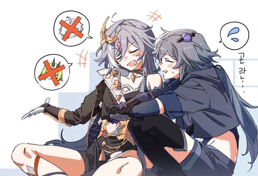 +++ 1boy 2girls 3girls black_gloves black_thighhighs closed_eyes commentary_request fu_hua herrscher_of_sentience gloves grey_hair grey_jacket grey_shorts honkai_(series) honkai_impact_3rd jacket kevin_kaslana korean_commentary korean_text long_hair mobius_(honkai_impact) multiple_girls open_mouth ponytail seza_(enlwnaos) shorts sitting spoken_character spoken_sweatdrop sweatdrop thighhighs translation_request very_long_hair white_gloves