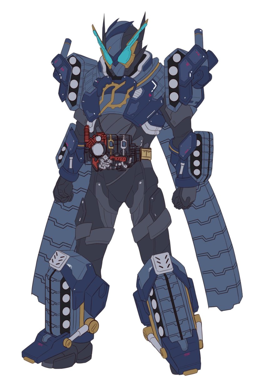 1boy armor black_bodysuit blue_armor blue_eyes bodysuit clenched_hands compound_eyes flat_color hazard_trigger highres kamen_rider kamen_rider_build kamen_rider_build_(series) male_focus military military_vehicle motor_vehicle ribbed_bodysuit shoulder_armor signature sketch spring_(object) tank tank+tank_form tsubasansan turret unfinished upper_body