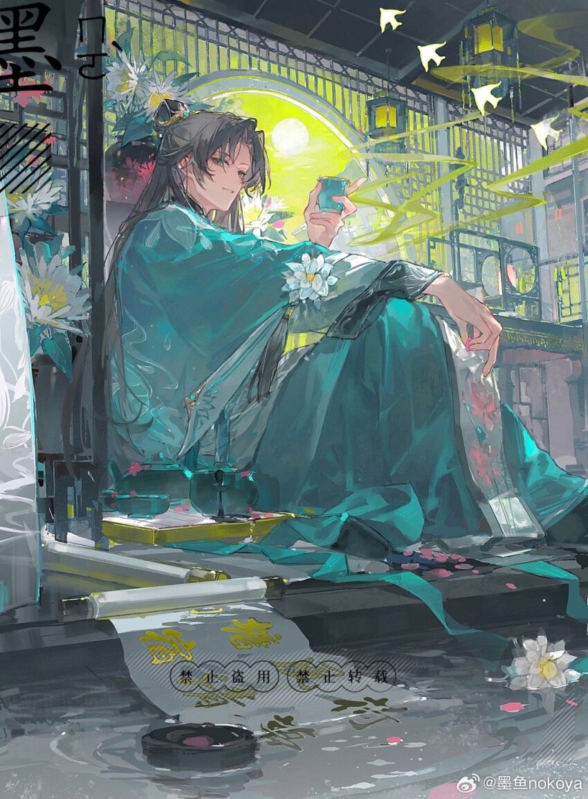 1boy aqua_coat aqua_hanfu aqua_robe architecture arm_rest bird black_hair chinese_clothes chinese_commentary closed_mouth coat cup curtained_hair east_asian_architecture epiphyllum feet_out_of_frame flower flower_ornament full_moon green_eyes green_sky hand_up hanfu hanging_lantern highres holding holding_cup hua_yi_shanxin_zhiyue indoors knees_up lantern long_hair long_sleeves looking_at_viewer male_focus mole mole_under_eye moon moon_gate nokoya on_floor parted_bangs parted_lips petals petals_on_liquid pond scroll sitting sky smile smoke solo swallow_(bird) tassel teapot topknot tray vase water watermark weibo_watermark white_flower wide_sleeves xiao_guan_(headdress) yu_ze