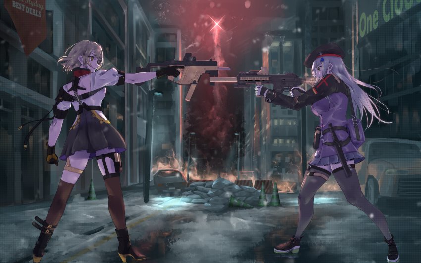2girls absurdres aiming assault_rifle car fingerless_gloves fire girls&#039;_frontline gloves gun h&amp;k_hk416 highres hk416_(girls&#039;_frontline) kriss_usa kriss_vector magpul motor_vehicle multiple_girls night night_sky rifle shu70077 sky snowing submachine_gun suppressor tom_clancy&#039;s_the_division transformational_defense_industries vector_(girls&#039;_frontline) weapon