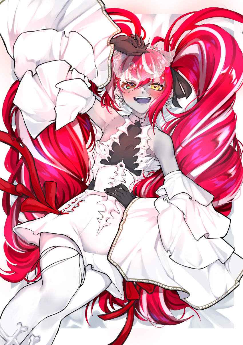 1girl absurdres ahoge animal_earrings armpits bare_shoulders bed_sheet bell_sleeves blunt_bangs blush bone bow bow_skirt braid braided_bangs bridal_veil collared_dress colored_skin cross-laced_clothes cross-laced_skirt detached_sleeves diamond-shaped_pupils diamond_(shape) dress drill_hair earrings flat_chest gloves groin hair_bow hair_ribbon halter_dress halterneck hand_on_own_head hand_on_own_stomach hands_up heterochromia highres hololive hololive_indonesia jewelry kghazir kureiji_ollie kureiji_ollie_(rebirth) layered_sleeves long_hair lying multicolored_hair official_alternate_costume official_alternate_hairstyle on_bed pale_skin patchwork_skin pink_hair red_hair ribbon short_dress sidelocks skirt skirt_set smile solo stitched_face stitched_torso stitches streaked_hair symbol-shaped_pupils thighhighs twin_drills twintails two-tone_hair veil very_long_hair virtual_youtuber wide_sleeves x-shaped_pupils zombie
