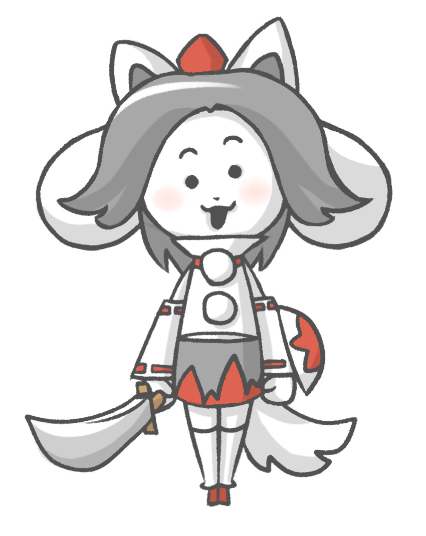 1girl animal_ears blush commentary_request cosplay detached_sleeves dog_ears dog_girl dog_tail full_body furry furry_female grey_hair grey_skirt highres holding holding_shield holding_sword holding_weapon inubashiri_momiji inubashiri_momiji_(cosplay) looking_at_viewer open_mouth rass-mameki red_skirt ribbon-trimmed_sleeves ribbon_trim shield shirt short_hair simple_background skirt smile solid_circle_eyes solo sword tail temmie touhou turtleneck turtleneck_shirt two-tone_skirt undertale weapon white_background white_shirt white_sleeves
