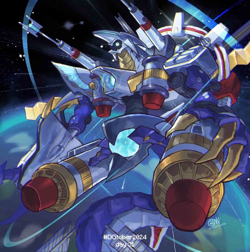absurdres cwdw digimon digimon_(creature) digimon_world_3 earth_(planet) highres no_humans planet purple_tail ragnamon robot shoulder_cannon solo space
