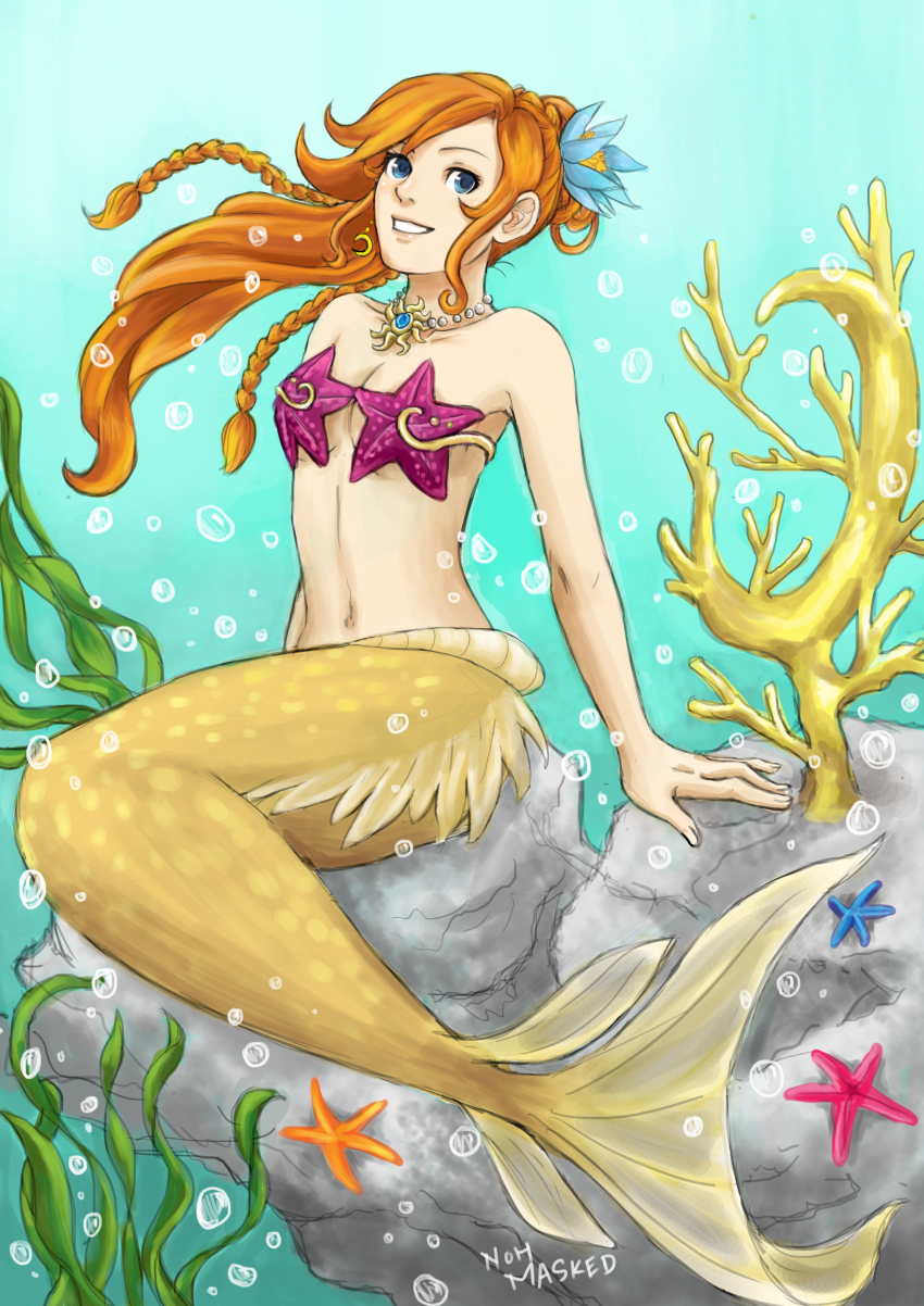 1girl :d absurdres ace_attorney algae athena_cykes bikini blue_eyes braid bubble coral flower full_body hair_flower hair_ornament highres jewelry long_hair mermaid monster_girl navel necklace noh_masked open_mouth orange_hair phoenix_wright:_ace_attorney_-_dual_destinies rock shell shell_bikini sitting smile starfish underwater