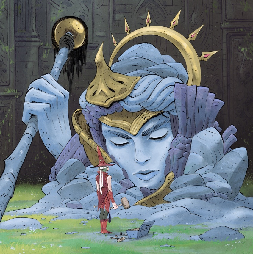 1other closed_eyes fantasy from_behind full_body grass hairband hammer hat highres holding holding_hammer holding_tool migamigami on_grass original outdoors pants red_hat sleeveless statue toolbox