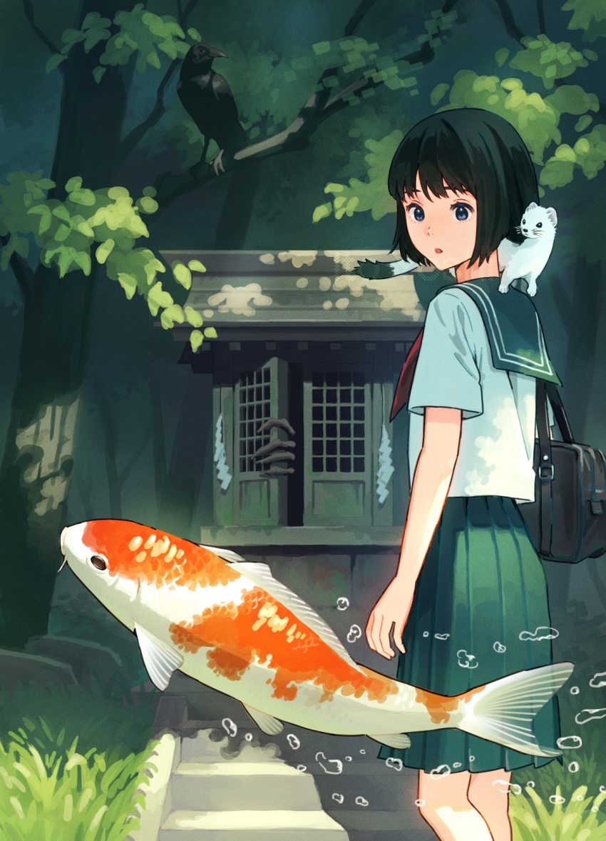 1girl animal arm_at_side bag bird black_hair crow dappled_sunlight day ferret fish flying_fish grass green_sailor_collar green_skirt highres hokora_(shrine) horror_(theme) ito_yoshi koi looking_back monster neckerchief open_door original pleated_skirt red_neckerchief sailor_collar school_bag school_uniform serafuku shadow shirt short_hair short_sleeves skirt stairs sunlight tree water_drop white_shirt