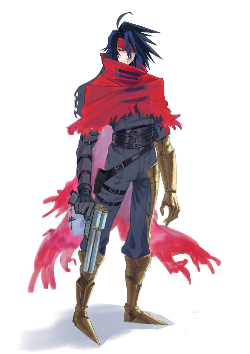 1boy ahoge armored_boots belt black_gloves black_hair black_jacket black_pants boots cape cloak commentary_request final_fantasy final_fantasy_vii final_fantasy_vii_rebirth final_fantasy_vii_remake full_body gauntlets gloves gun handgun headband highres holding holding_gun holding_weapon jacket long_hair male_focus multiple_belts otaotacos0704 pants red_cape red_cloak red_eyes red_headband single_gauntlet single_glove solo spiked_hair standing torn_cape torn_cloak torn_clothes vincent_valentine weapon white_background