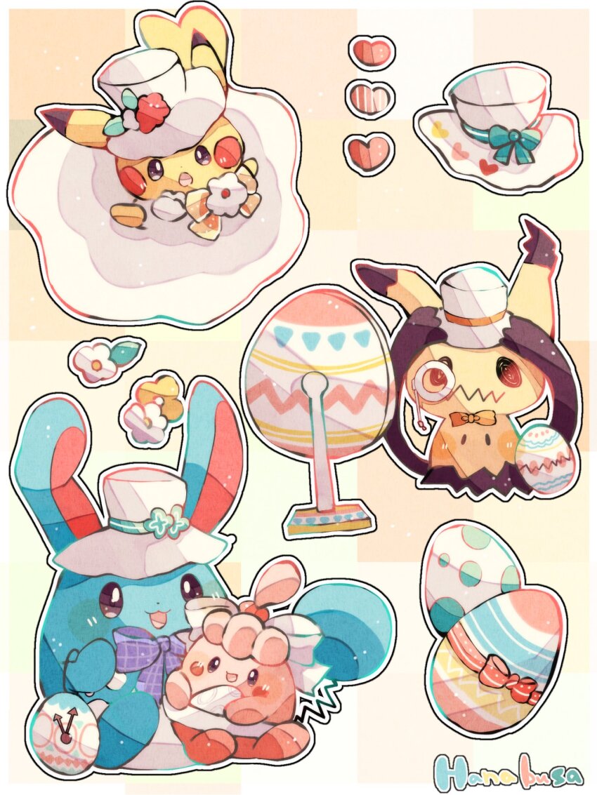 :d :o animal_focus artist_name azumarill blue_skin bow bowtie clock clothed_pokemon colored_skin commentary_request crack egg flower game_freak gen_1_pokemon gen_2_pokemon gen_4_pokemon gen_7_pokemon green_bow hanabusaoekaki happiny hat heart highres mimikyu monocle nintendo no_humans open_mouth pikachu pink_skin pokemon pokemon_(creature) pokemon_egg purple_bow purple_bowtie smile solid_oval_eyes wavy_mouth white_background white_flower white_headwear yellow_skin