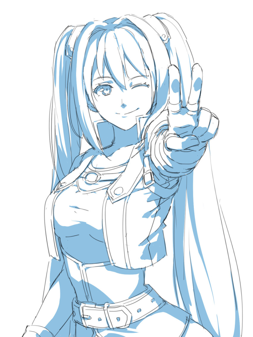 1girl belt breasts chiharu_(9654784) closed_mouth cropped_jacket eiyuu_densetsu estelle_bright fingerless_gloves gloves greyscale highres long_hair looking_at_viewer monochrome one_eye_closed sen_no_kiseki sen_no_kiseki_(series) sen_no_kiseki_iv simple_background smile solo sora_no_kiseki twintails v white_background
