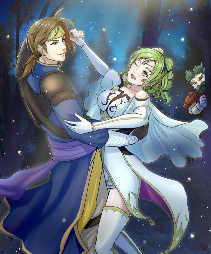 1girl 2boys :d absurdres armor beard blue_eyes brown_hair cape circlet dancing dozla_(fire_emblem) dress elbow_gloves facial_hair fingerless_gloves fire_emblem fire_emblem:_the_sacred_stones gloves green_eyes green_hair headband highres holding_hands kousetu0506 l&#039;arachel_(fire_emblem) long_sleeves multiple_boys nintendo one_eye_closed open_mouth outdoors ponytail rennac_(fire_emblem) sideburns smile standing thighhighs white_cape white_gloves white_thighhighs yellow_headband