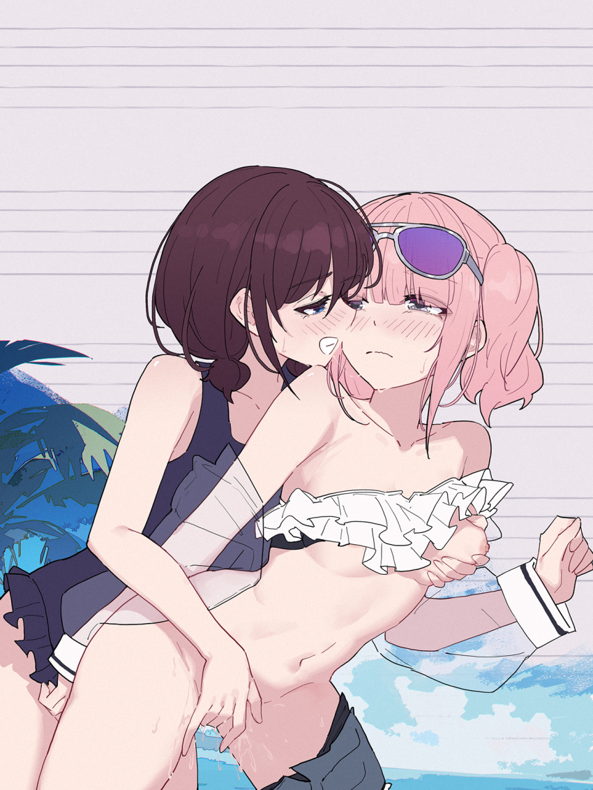 2girls after_kiss blue_eyes blue_one-piece_swimsuit blush bra breasts brown_hair chibi chinese_commentary closed_mouth commentary_request eyewear_on_head fang fingering frilled_bra frills girls_band_cry grey_eyes grin groping highres hina_(girls_band_cry) iseri_nina low_twintails medium_breasts multiple_girls nipples one-piece_swimsuit open_mouth pink_hair purple-tinted_eyewear pussy_juice saliva saliva_trail short_hair short_twintails smile swimsuit tinted_eyewear twintails underwear yun_cao_bing yuri