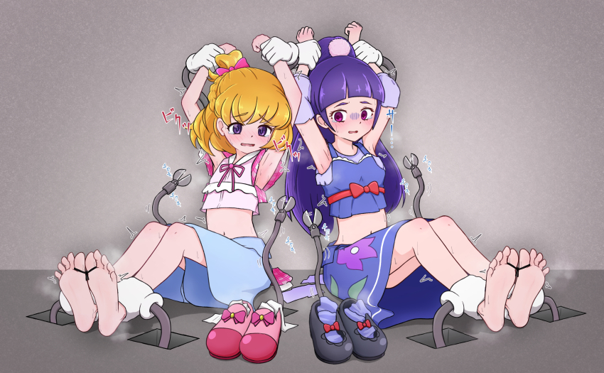 2girls absurdres armpits arms_up asahina_mirai barefoot black_footwear blonde_hair blue_shorts blunt_bangs blush bound bound_toes bound_wrists bow breasts clenched_hands commentary dot_nose dress empty_eyes empty_room feet floral_print floral_print_dress folded_braid frilled_shirt frills full_body grabber_tool hair_bow hair_ornament high_ponytail highres indoors izayoi_liko long_hair long_sleeves looking_down mahou_girls_precure! mary_janes medium_hair midriff multiple_girls navel neck_ribbon one_side_up parted_lips pinafore_dress pink_bow pink_eyes pink_ribbon pink_shirt pink_shoes plaid_clothes plaid_sleeves pom_pom_(clothes) pom_pom_hair_ornament ponytail precure puffy_short_sleeves puffy_sleeves purple_eyes purple_hair purple_shirt purple_socks ribbon shears shirt shoes short_sleeves shorts side-by-side sitting sleeveless sleeveless_dress small_breasts socks soles tears three-quarter_sleeves tk_(t-k) toes torn_clothes torn_dress torn_shirt torn_sleeves unworn_shoes unworn_socks waist_bow white_socks