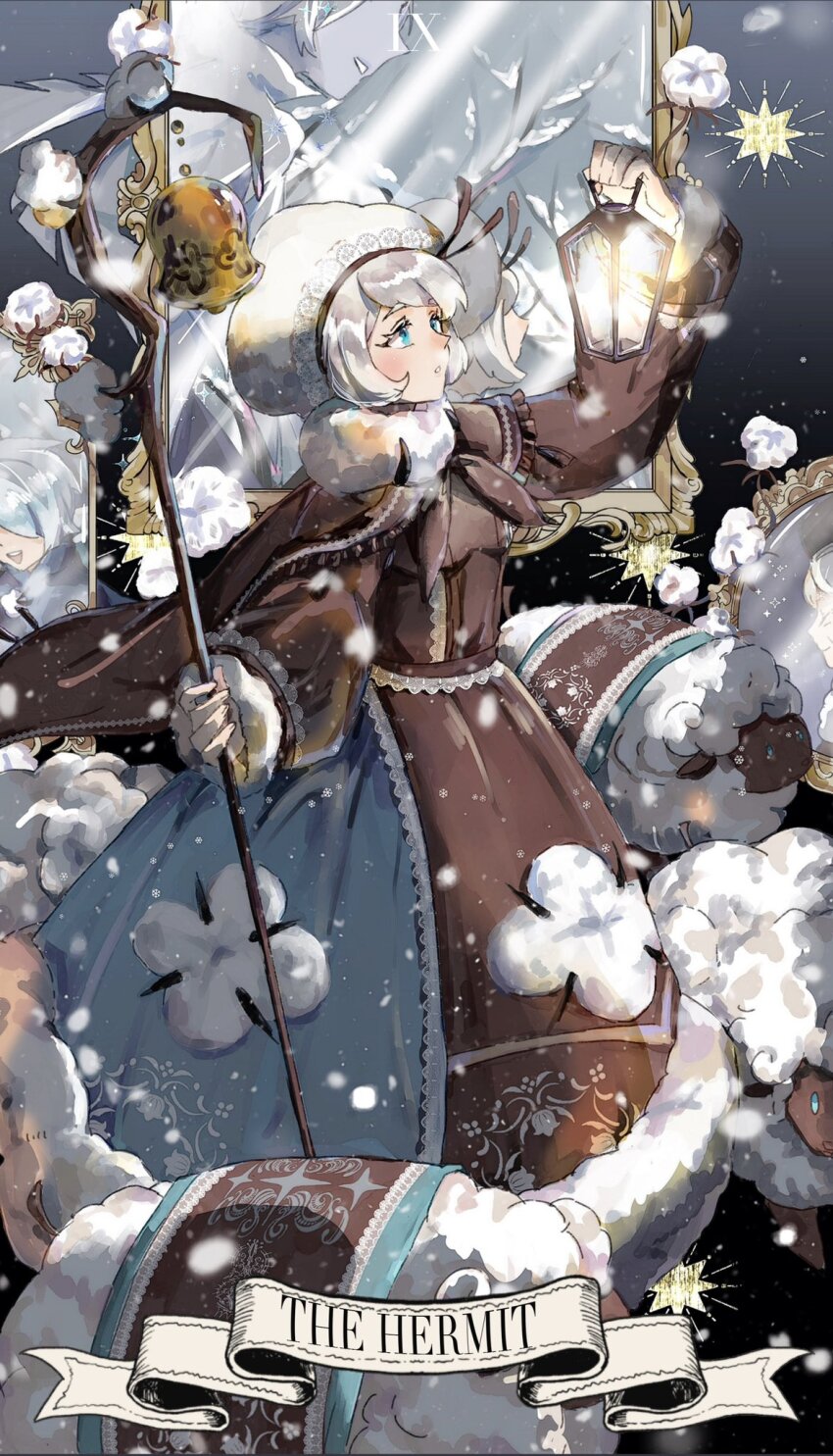 1girl bell blue_eyes boots card_(medium) cookie_run cookie_run:_kingdom cotton_cookie dress full_body fur-trimmed_dress fur_trim highres holding holding_lantern holding_staff humanization lantern long_sleeves notonlyasheep personification sheep shepherd&#039;s_crook snow solo staff standing white_hair