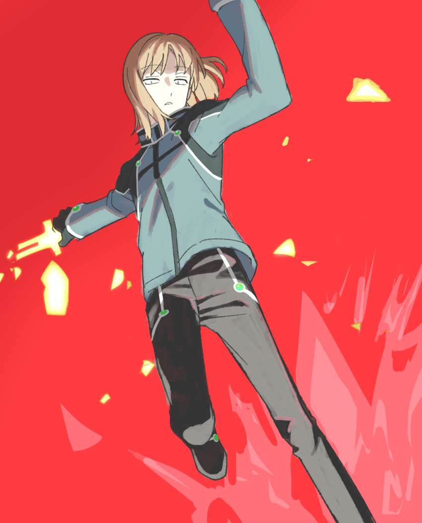 1boy arms_up black_pants blue_jacket broken broken_sword broken_weapon brown_hair foot_out_of_frame highres holding holding_sword holding_weapon jacket kikuchihara_shirou long_sleeves looking_at_viewer male_focus medium_hair nocchan_chicchi pants red_background solo sword weapon world_trigger