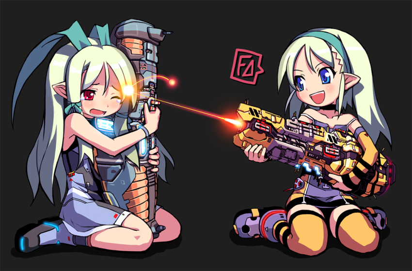 2girls armor bailknight battle beam blonde_hair blue_eyes cosplay gun hair_ribbon hairband homeworld homeworld_2 long_hair multiple_girls personification pointy_ears red_eyes ribbon simple_background spacecraft tears thighhighs weapon wince